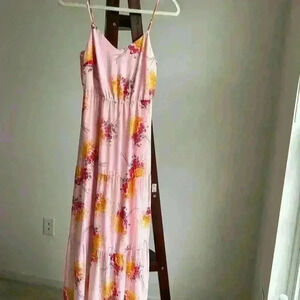 J. Crew  Pink Sunburst Bouquet Tiered Maxi Spaghetti Strap Sundress Sz 0 / XS